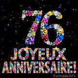Le chiffre 76 et les mots Joyeux Anniversaire en cristaux colorés brillants, se détachant sur un fond noir rempli de petites étoiles animées.