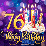 A blue-wrapped cupcake with burning candles near a large gold number 76. Cursive Happy Birthday text is below against a sparkling purple bokeh.