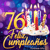 Imagen animada 76 años presentando el número 76 dorado junto a un pastelito dulce con velas relucientes.