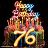 Animated rotating colorful cake GIF for 76th birthday with rainbow drip icing, lit candles, and glowing yellow number 76.