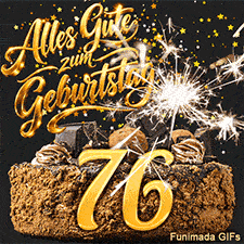 Herabrieselnde goldene Sterne vor schwarzem Grund. Auf der Torte prangt die 76, flankiert von einer sprühenden Wunderkerze und Glückwünschen.