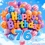 Floating against white clouds, this vibrant balloon cluster features Happy Birthday balloon text and a blue digit 76 hanging below.
