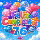 Imagen animada 76 años presentando el número 76 azul junto a globos de fiesta y serpentinas flotando al viento.