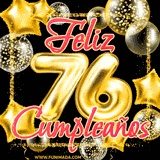 A large of balloons in various shapes, sizes, and colors with the words 'Happy Birthday' and a number 76