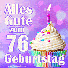 Ein lebendiges Geburtstags-GIF mit einem dekorierten Cupcake, einer Kerze und der Zahl 76 auf einem bunten Hintergrund.