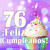 Animación de un cupcake con cobertura blanca, confites de colores, una vela encendida y el número 76 en grande sobre un fondo púrpura con luces brillantes.