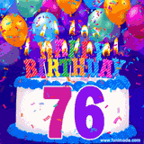 A birthday cake with lit candles is shown with colorful balloons and animated confetti.