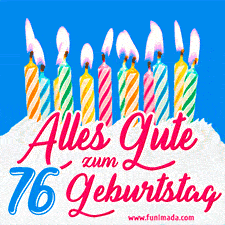 Ein buntes Geburtstags-GIF mit strahlenden Kerzen auf einer festlichen Torte zur Feier des 76.