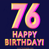A celebratory Happy Birthday text appear GIF of the number '76' above the text 'Happy Birthday!'. The 3D letters have a bold, pink and yellow color gradient on a dark blue background.
