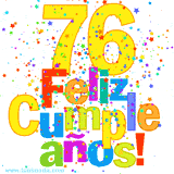 GIF festivo lleno de confeti de colores, el número 76 grande en amarillo y la frase 'Feliz cumpleaños' en letras multicolores y brillantes.