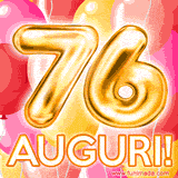 Bouquet animato di palloncini multicolori che emergono da una scatola regalo, con il numero 76 e la scritta 'Tanti Auguri!' su uno sfondo pieno di coriandoli.
