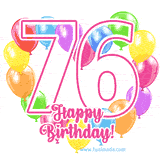 An animated birthday greeting card with a large '76' in pink outline surrounded by colorful balloons heart-shaped frame, and 'Happy Birthday!' written below in hand-written font.