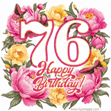 A celebratory GIF image features the animated number '76' and the words 'Happy Birthday!' surrounded by pink and yellow flowers. Two moving butterflies are included in this festive design.