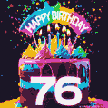 Chocolate cake with number 76 adorned with vibrant multicolored frosting, candles, and a rainbow topper