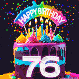 Chocolate cake with cyan layers, pink dressing and a big number 76 adorned with vibrant multicolored frosting, lit candles, and a rainbow topper with text that says 'Happy Birthday'. Animated colorful confetti move behind the cake.