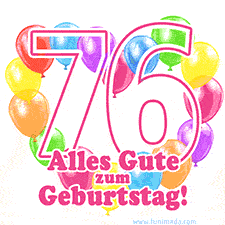 Ein verspieltes animiertes Geburtstags-GIF mit bunten Ballons in Herzform und der Zahl 76.
