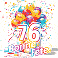 Des confettis animés, des ballons multicolores et un coffret cadeau dans un joyeux GIF de 76e anniversaire