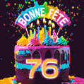 Gâteau au chocolat avec le numéro 76 orné d'un glaçage vibrant, de bougies et d'une décoration arc-en-ciel