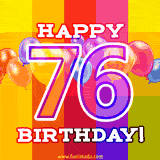 A birthday cake with lit candles is shown with colorful balloons and animated confetti.