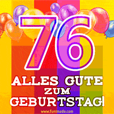 Große Zahl 35 in Umrissschrift, die Worte 'Alles Gute zum 76. Geburtstag', mehrfarbige animierte Ballons und lebendiger Hintergrund.