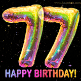 Shiny number 77 birthday celebration balloons with an iridescent glow and glitter on a black background with twinkling stars.