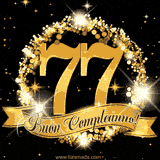 Il numero 77 è circondato da un anello dorato brillante, accompagnato da un nastro elegante con la scritta 'Buon Compleanno!' su uno sfondo scuro.