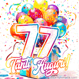 Animazione con palloncini colorati e scintillanti, accompagnata dal numero 77 in caratteri grandi e luminosi, e la scritta 'Tanti Auguri!' in stile vivace.