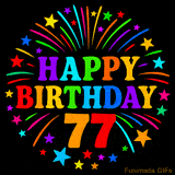 A birthday cake with lit candles is shown with colorful balloons and animated confetti.