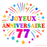 GIF animé joyeux anniversaire 77 ans avec étoiles multicolores et feu d’artifice