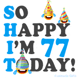 A fun birthday animation celebrating turning 77 with colorful party hats, smiling faces, and cheerful emojis.