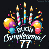 Augura buon compleanno ai 77 anni con questa GIF colorata e festosa: palloncini, stelle e candele per un augurio digitale indimenticabile