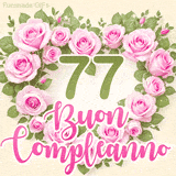 GIF per il 77° compleanno con un cuore di rose rosa e scritta elegante