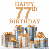 Festive animated eCard with elegant 'Happy 77th Birthday' text above a pile of luxurious blue, white, and gold gift boxes and presents.
