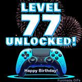 Animated GIF for a 77 birthday. The text 'Level 77 Unlocked!' and 'Happy Birthday!' are displayed over a blue video game controller with exploding fireworks in the background.