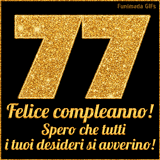 Un GIF animato per un 77° compleanno, Presenta il testo 'Buon Compleanno 77' su uno sfondo giallo vivo con palloncini colorati, festoni e una pioggia di coriandoli.