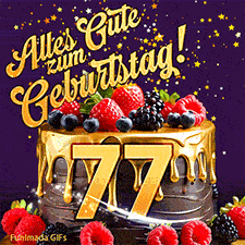 Eine köstlich aussehende animierte Geburtstagskarte für den 77. Geburtstag, dekoriert mit Erdbeeren, Blaubeeren und goldenen Details, Sterne funkeln und fallen, mit 'Alles Gute zum Geburtstag!'-Text.