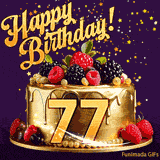 A delicious-looking animated birthday card for a 77th birthday, decorated with raspberries, blackberries, and gold details, Stars sparkle and fall, with 'Happy Birthday!' text above.