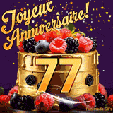 Une animation de célébration d'un gâteau de 77ème anniversaire, Des étoiles dorées tombent du ciel, mettant en valeur le texte 'Joyeux Anniversaire !' et le nombre doré 77 à l'avant du gâteau.
