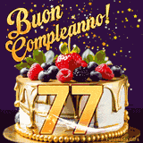 Un GIF animato di una bellissima torta per il 77° compleanno con glassa dorata e frutti di bosco freschi, Il numero dorato 77 è davanti, e stelle cadono su uno sfondo viola scuro.