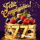 Una animación de celebración de una tarta para el 77º cumpleaños, Estrellas doradas caen del cielo, destacando el texto '¡Feliz Cumpleaños!' y el número dorado 77 en la tarta.