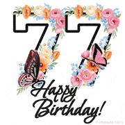 A floral 77th birthday animated greeting card. The number '77' is surrounded by animated flowers and butterflies, creating a beautiful and cheerful way to celebrate the milestone.