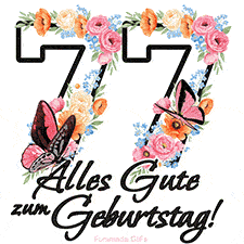 Ein florales GIF zum 77. Geburtstag. Die Zahl '77' ist von animierten Blumen und Schmetterlingen umgeben und bietet eine schöne und fröhliche Art, den Meilenstein zu feiern.
