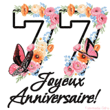 Ce GIF de Joyeux 77ème Anniversaire présente le nombre vingt rempli d'un bouquet vibrant de fleurs animées, avec des papillons qui bougent doucement sur un fond blanc.