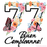 Questo GIF di Buon 77° Compleanno mostra il numero venti riempito con un vibrante bouquet di fiori animati, con farfalle che si muovono dolcemente su uno sfondo bianco.