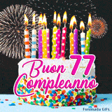 Immagine GIF animata di buon compleanno 77 anni con torta bianca, scritte rosa eleganti e fuochi d'artificio dorati sullo sfondo.