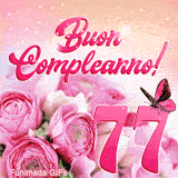 Immagine GIF animata di buon compleanno 77 anni con fiori rosa, farfalla elegante e riflessi stellati dorati sullo sfondo festoso.