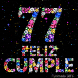 Composición sobre fondo oscuro con estrellas de colores que presenta el número 77 y la frase FELIZ CUMPLE fabricados con muchos diamantes.