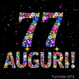 Su uno sfondo scuro, il numero 77 e la parola Auguri sono formati da diamanti multicolori, accompagnati da piccole stelle scintillanti.