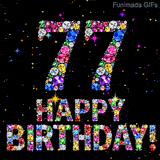 A black backdrop displaying the number 77 and Happy Birthday text, both formed by shiny multi-colored diamonds surrounded by tiny twinkling bright colored lights.