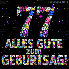 Eine Ziffer 77 und der Text Alles Gute zum Geburtstag aus funkelnden Edelsteinen auf dunklem Grund mit bunten animierten Lichtpunkten.